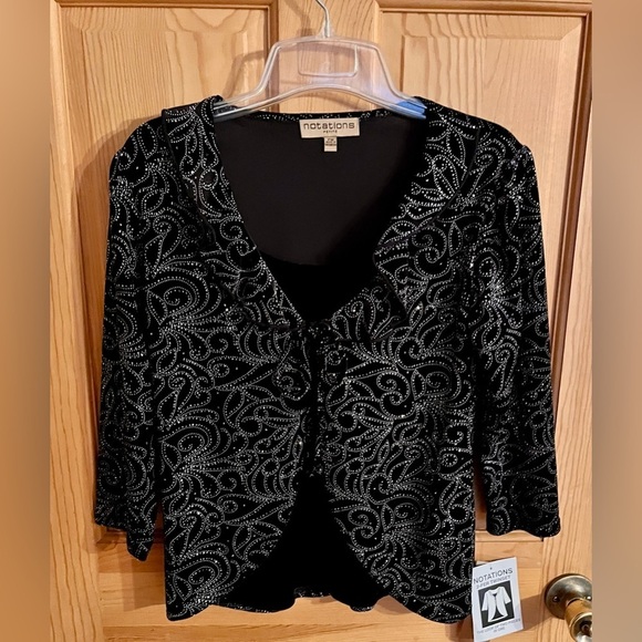 Notations NWT Black w Silver Crystal Ruffled Cardigan Over a Velvet Shell SZ PM - Picture 12 of 17